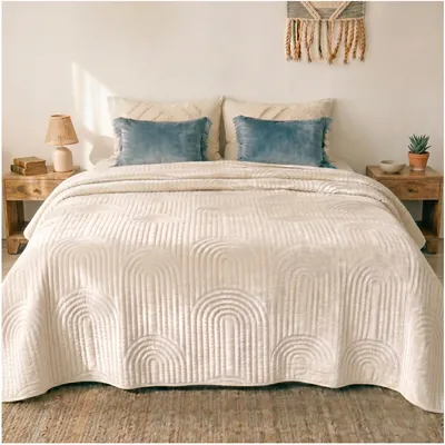 Produktbild von Tagesdecke 220x240 Bettüberwurf Tagesdecken - Boho Style Samt Decke Bett Überwurf Bedspread Sofaüberwurf Sofa Steppdecke Überwurfdecke Überdecke (Creme)