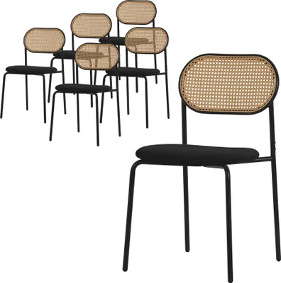 Produktbild von ML-Design Esszimmerstühle 6er Set, Schwarz, Küchenstuhl mit Rattan Rückenlehne Gepolsterte Stühle mit Gebogener Netzrücke Rattanstuhl mit Metallbeinen