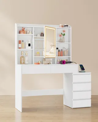 Produktbild von VASAGLE Frisiertisch, Kosmetiktisch mit Ladestation, Spiegel, LED-Licht, Schubladen, 40 x 124,7 x 145 cm, weiß
