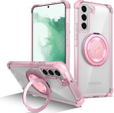Obrázek produktu pro Pouzdro pro Samsung Galaxy S22+ 5G magnetický držák prstenu, stojánek, kompatibilní s MagSafe, vojenská ochrana, průhledné pouzdro Růžový