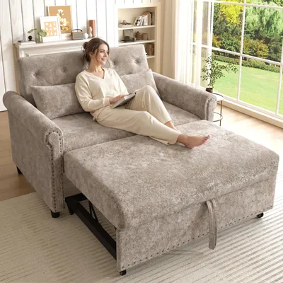 Immagine prodotto di Divano letto 3 in 1 Merax, divano a 2 posti in ciniglia, letto per ospiti estraibile con schienale regolabile, grigio-marrone