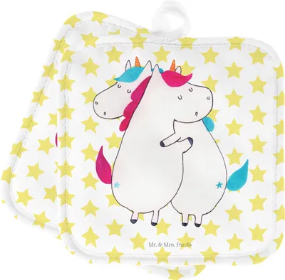 Produktbild von Mr. & Mrs. Panda Topflappen Einhörner Umarmen - Weiß - Geschenk, Unicorn, Set, Familie, Einhorn, topfhalter, Ofenlappen, Liebe, BFF, Topfuntersetzer, Kochlappen