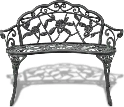A black cast iron garden bench with a rose motif.