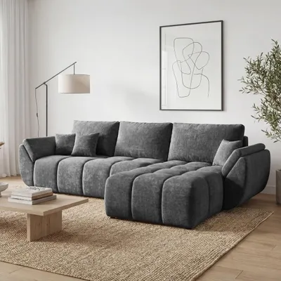 Produktbild von EZIMPAZ Ecksofa CALVANI Gesteppt mit Schlaffunktion und Bettkasten Grau Rechts