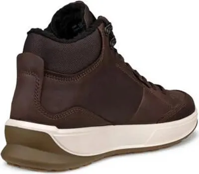 A side view of a brown leather boot with a white sole.