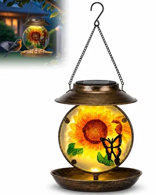 Produktbild von Solar Vogel Futterspender mit LED Licht, hängendes Vogelhaus für Garten, wetterfester Vogelfutterspender mit Solarbetrieb, Gartendeko für Terrasse & Balkon
