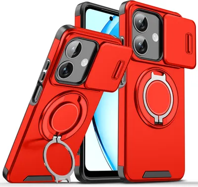 Immagine prodotto di Custodia a doppio strato per Oppo A40, con copertura scorrevole della fotocamera e supporto ad anello magnetico Rosso