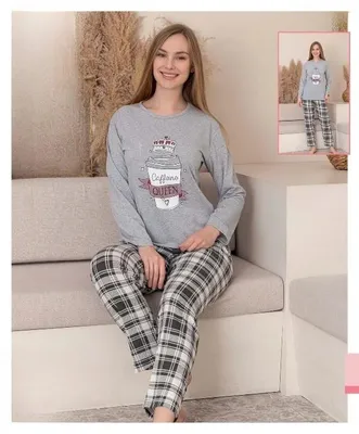Produktbild von Damen Pyjama Schlafanzug Hellgrau M Lang 2-Teiler Set C-62