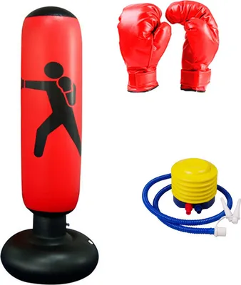 Produktbild von 160 cm Boxsack Set Erwachsene, Standboxsack Boxsack Stehend Aufblasbare Boxsäcke Tumbler Erwachsene Fitness Dekompression Sandsäcke Kick Kampftraining, Mit manueller Luftpumpe und Boxhandschuhen (Rot)