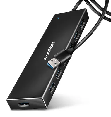 Produktbild von Axagon HUE-F7A 7x USB 3.2 Gen 1 ALU FLAT hub micro power IN 1m USB-A, USB 3.2 Gen 1 (3.1 Gen 1) Type-A, USB 3.2 Gen 1 (3.1 Gen 1) Type-A, 5000 Mbit/s, Schwarz, Aluminium, 1 m