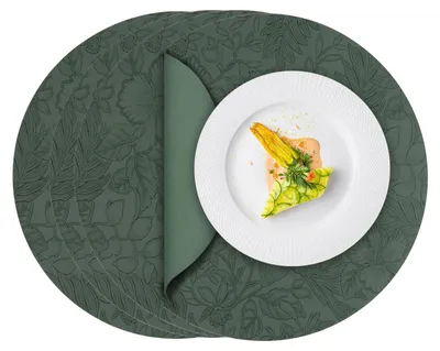 Runde Platzsets aus Kunstleder, 4er-Set, Ø 34 cm, grün, Blumenmuster