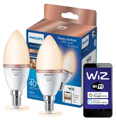 Produktbild von Philips Smarte LED-Lampe C37, E14-Sockel, 470 lm, Zweierpack, Wi-Fi/Bluetooth, Wi-Fi 4 (802.11n), 802.11b, 802.11g, LED, E14, C37, 2700 K