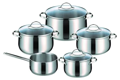9-teilige Pannenset Edelstahl mit Glasdeckeln 16–24 cm