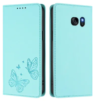 Image de Étui en cuir pour Samsung Galaxy S7, motif papillon, étui portefeuille à rabat avec support, vert menthe