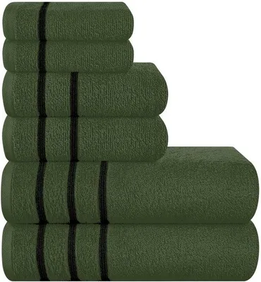 Immagine prodotto di Set da bagno Unyqoos® da 6 pezzi, realizzato in 100% cotone, colore verde oliva: 2 asciugamani da bagno da 70x140 cm, 2 asciugamani da 40x60 cm, 2 spugne da 30x30 cm
