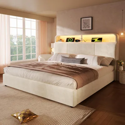 Image de OKWISH Lit Coffre 140x190 cm - Lit Double Capitonné avec Tête de Lit Réglable, LED Intégrée et Coffre Hydraulique, Ports USB/Type-C, Beige, Sans Matelas