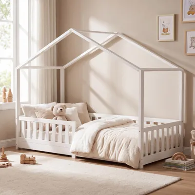 Produktbild von ecomi® Kinderbett 80x160 cm Hausbett mit Rausfallschutz & Lattenrost, Weiß