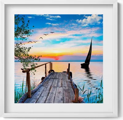 Produktbild von Segelboot auf einem See– Wandbild mit Rahmen – Gerahmtes Bild  – Wanddekoration – 50x50 cm –  Weiß Rahmen