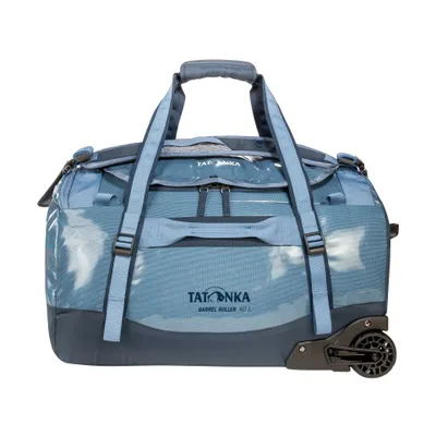 A blue Tatonka Barrel Roller 60L travel bag with wheels, shown against a white background.