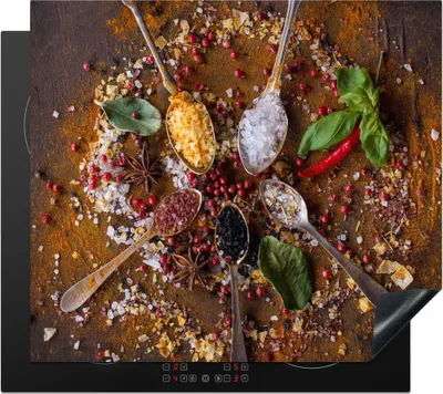 Produktbild von KitchenYeah© Herdabdeckplatte Gewürze - Kräuter - Löffel - Salz - Braun - Küche , 57x51cm, Küche Deko, Glaskeramikkochfeld Herdabdeckung, Abdeckplatte fùr Kochfeld