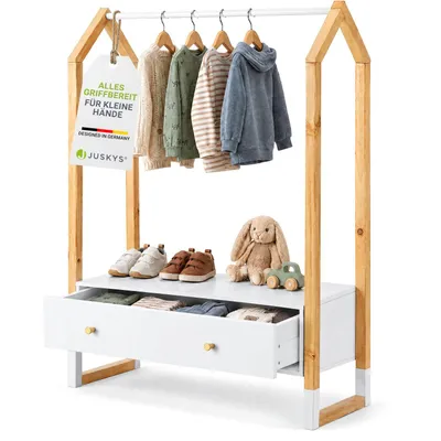 Produktbild von Juskys Kinder Kleiderständer Filla mit großer Schublade - Holz Kindergarderobe Weiß