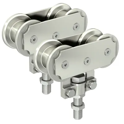 Two metal roller assemblies for a sliding gate hardware system are shown against a white background.