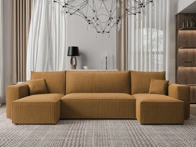 Productafbeelding van Bank met slaapfunctie, model ADARA, bekleed met stof Poso in de kleur honinggeel