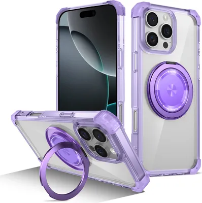 Image de Coque pour iPhone 16 Pro Anneau magnétique, support, compatible MagSafe, protection militaire, coque transparente violet
