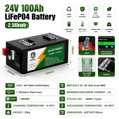 Immagine prodotto di Batteria LiFePO4 - 24 V 100 Ah a ciclo profondo - 2560 Wh al litio-ferro-fosfato - BMS integrato da 100 A - Oltre 6000 cicli di ricarica - Per camper, barche e impianti solari
