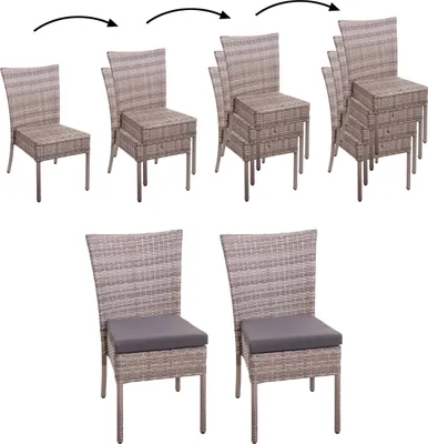 Chairs are shown stacked and then individually.