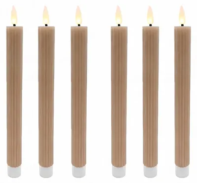 Obrázok produktu pre Relaxdays LED tyčové sviečky, sada 6 ks, V x H 25 x 2 cm, blikajúci plameň, pravý vosk, drážkované, sviečky bez plameňa, farba mocha-mousse