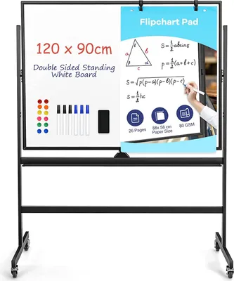 Produktbild von Mobile Magnettafel 160/180 cm höhenverstellbar & 360° drehbar, 120x90 cm Doppelseitiges Magnetboard mit Ständer, Whiteboard Alurahmen mit Stiftablage inkl. Zubehör (Schwarz)