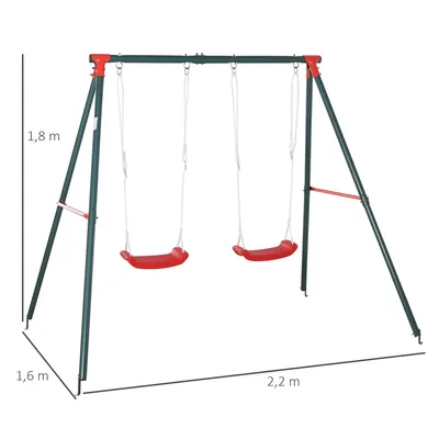 Produktbild von Outsunny Doppelschaukel für Kinder ab 3 Jahren mit Metallstütze, Kinderschaukel-Set, verstellbares Seil, für den Außenbereich, max 40kg 239x156x180 cm Grün Rot
