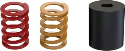 Three different types of springs and a cylindrical object are displayed against a white background.