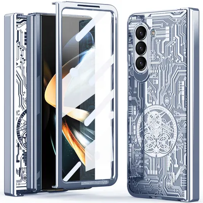 Immagine prodotto di Custodia per Samsung Galaxy Z Fold 5 custodia galvanizzata con protezione della cerniera e copertura trasparente con lamina sullo schermo blu