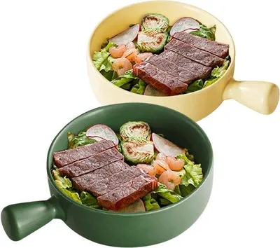 Produktbild von Famanu Salatschalen mit Griff 2 Stück - 660 ml - Keramische Suppenschalen - Ramen Schalen - Dessertschalen - Matcha Grün + Milch Gelb