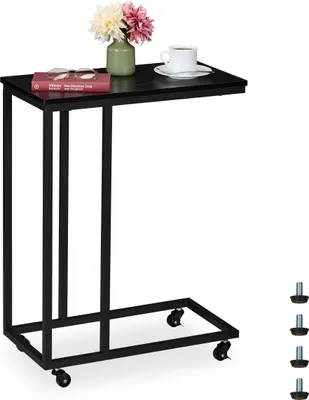Immagine prodotto di Tavolino Relaxdays a forma di C, 79x60x30 cm (LxPxA), rotelle, tavolino da infilare sotto la poltrona, metallo e MDF, tavolino da divano, nero