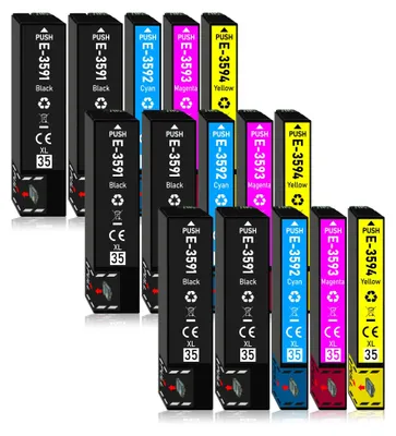 A collection of printer ink cartridges arranged in rows.