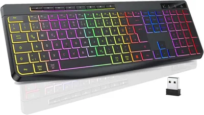 Produktbild von QWERTZ Beleuchtet Ergonomisch Wasserdicht, 2.4Ghz Led Keyboard für Windows/Mac /PS4/ Xbox mit Multimedia-Tasten Schwarz