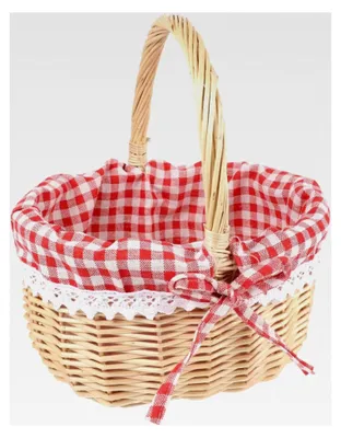 Produktbild von Kleiner Vintage-Osterkorb aus Weide: Leerer Picknickkorb in Rotkariert mit Griff für Eier, Süßigkeiten, Ernte und Hochzeitsdekoration
