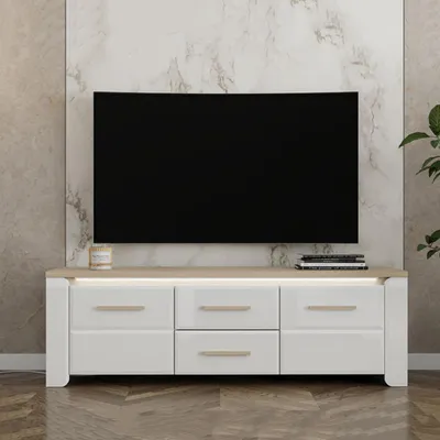 Image de Aramo - Meuble TV, 154x40x50h cm Blanc Mat, 2 Tiroirs