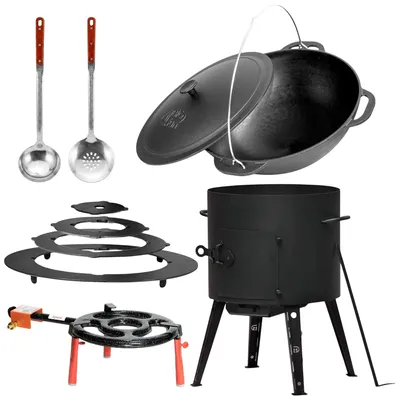 Produktbild von Komplettes Outdoor Kochset 15L – Gusseisen Kazan, Feuerstelle Utschak & Zubehör Set für Camping Garten Feldküche