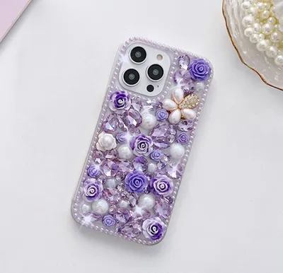Produktbild von Für iPhone 13 Pro Rose Hand-set Diamond PC Telefongehäuse (Purple)