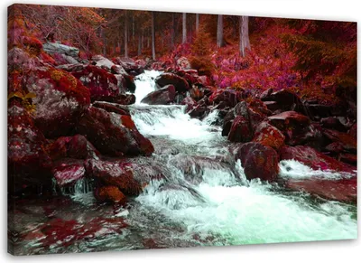 Produktbild von Leinwandbild bergbach in rot 100x70 cm Feeby rot wandbild bereit zum aufhängen