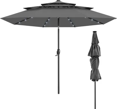 Obrázek produktu pro KOMFOTTEU 300 cm slunečník s 32 LED světly a kličkou, zahradní slunečník sklápěcí s 8 kostmi, slunečník na terasu, balkon, pláž, bazén, bez podstavce