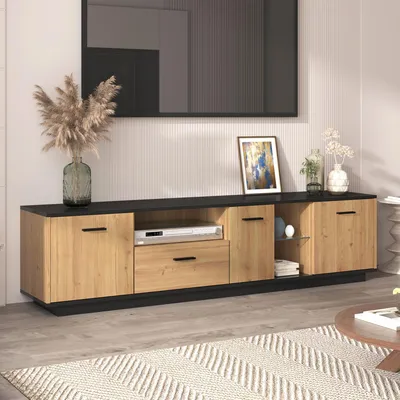 Productafbeelding van MODFU TV-meubel, TV-kast, TV-tafel 180 cm met 1 lade, 3 deuren, 2 open vakken, glazen TV-meubel, 15 verstelbare LED-lampen, houtkleur