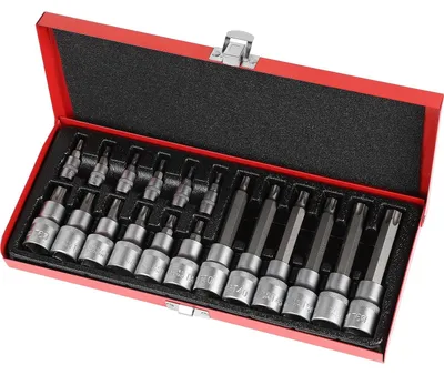 Obrázok produktu pre Sada račňových kľúčov Torx, 18-dielna - 1/2 palca - 1/4 palca - kovový kufrík - robustná - vhodná pre vysoký krútiaci moment