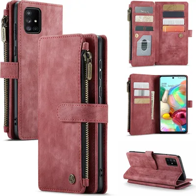 Obrázek produktu pro Pouzdro na mobilní telefon Galaxy A71 4G, zapínání na zip,Polyuretankožené flipové pouzdro, magnetické zapínání, držák na karty, funkce stojánku, peněženka, ochranné pouzdro pro Samsung Galaxy A71 4G červené