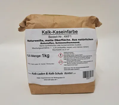 Produktbild von Kalk-Kasein-Farbpulver im 1kg Papierbeutel, Für bis zu 21 m² Anstrich.
