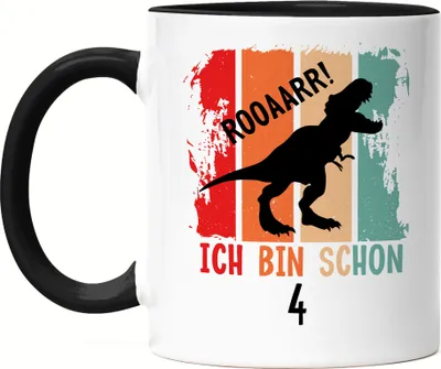 Produktbild von Roooaarr Ich Bin 4 Tasse Schwarz Dinosaurier Dino T-Rex Geburtstagskind Geschenkidee